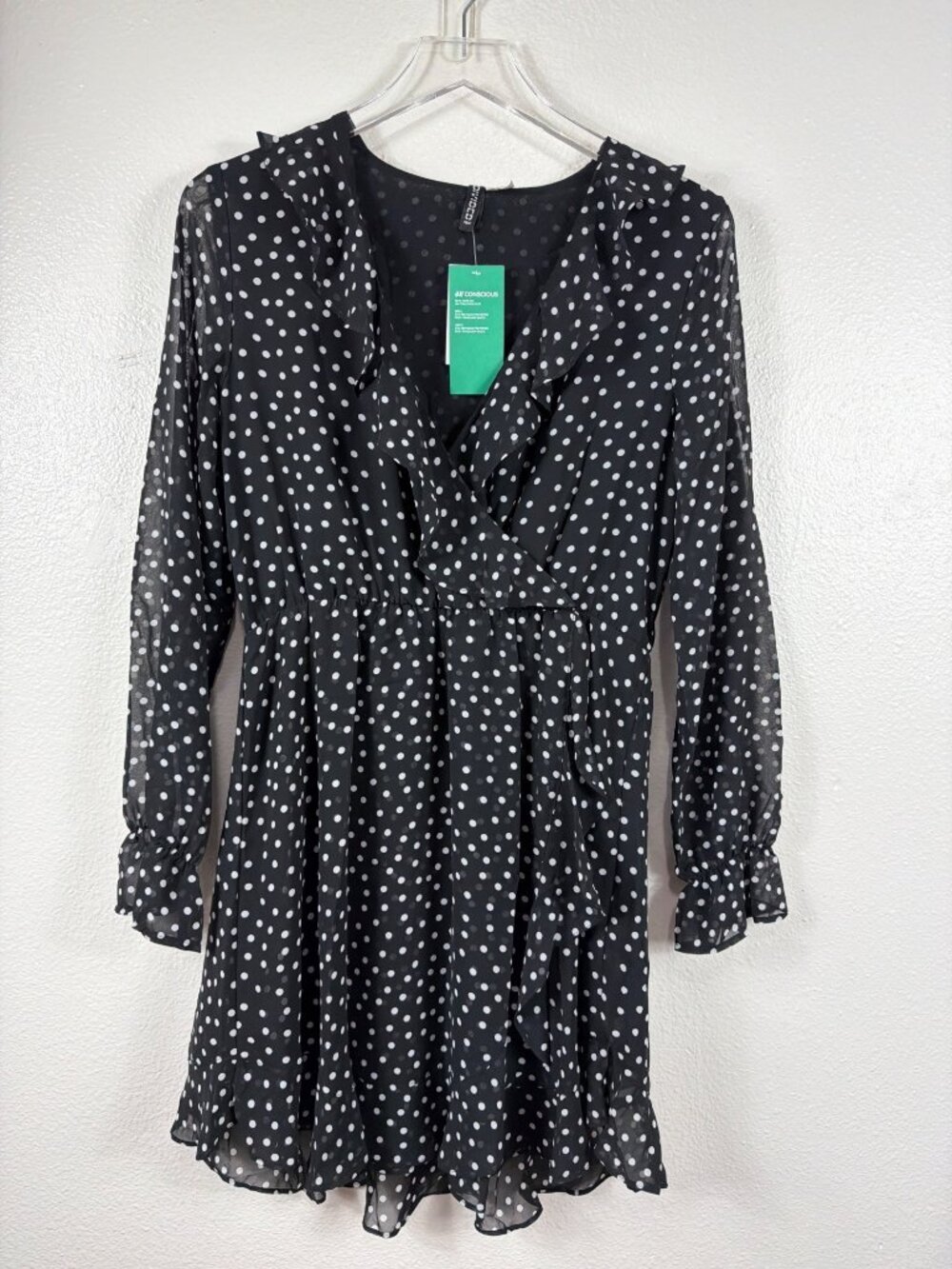 H&M Polka Dot Ruffle Wrap Dress Sheer Sleeve NWT Size US 12 - Picture 14 of 16